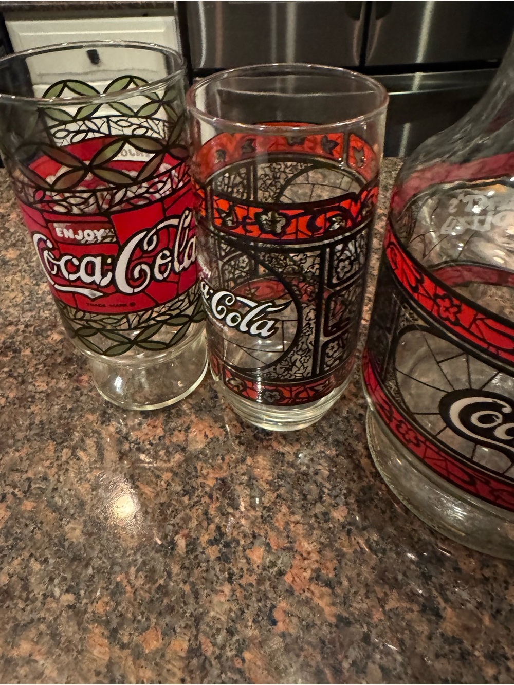 Coca Cola Red, Black and Green Decorative Glassware Trio